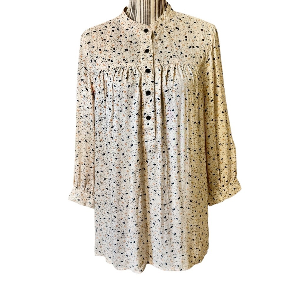 NEW Blouse Medium Edge by Jen Rade Cream Button-Up Gold & Navy Ditzy pattern